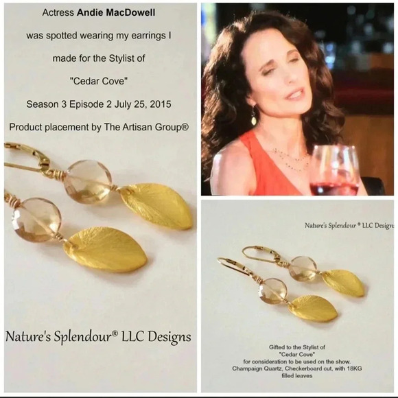 Andie MacDowell,Champagne Quartz,18Kt Gold Filled Leaf Earrings - Picture 3 of 3
